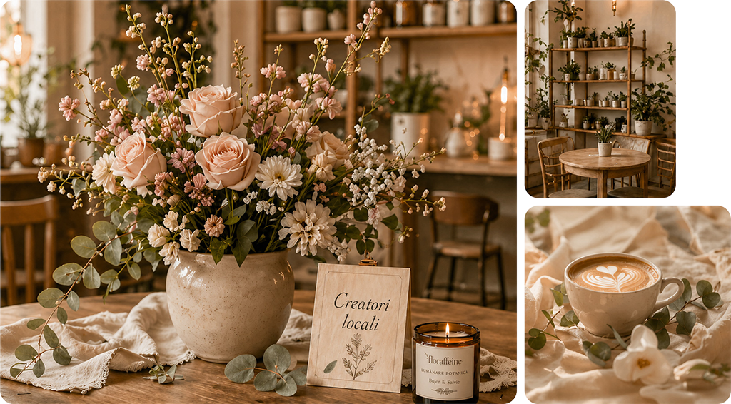 Colaj Floraffeine Boutique cu buchet floral, spațiu boutique și cafea într-un decor cald