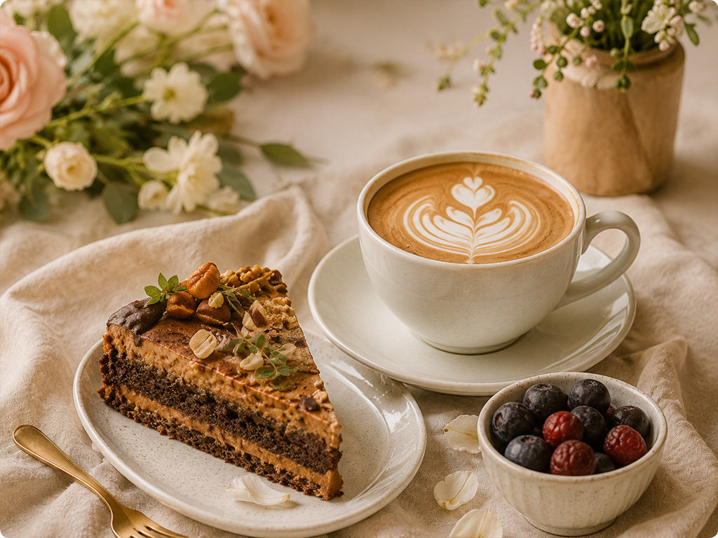 Cafea și desert într-un decor cald Floraffeine