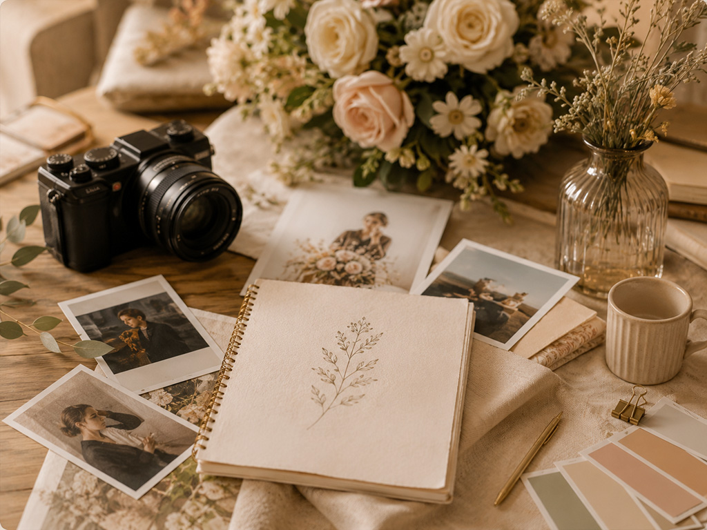 Materiale de marcă, fotografii și aparat foto pentru servicii creative