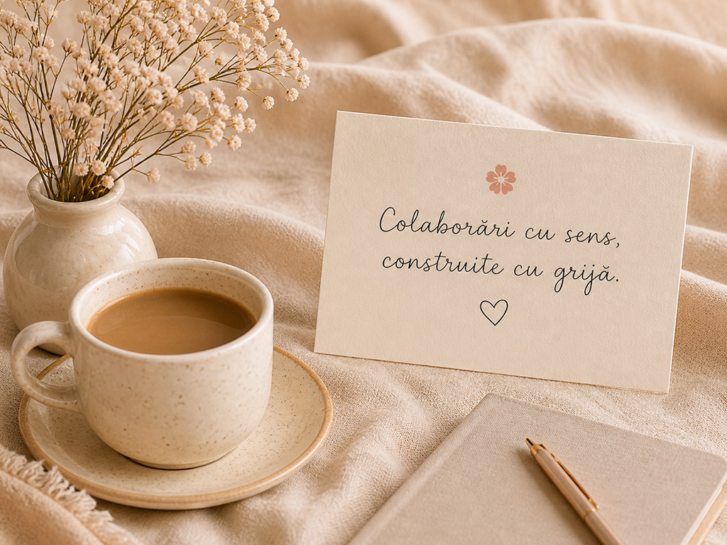 Detaliu editorial — cafea, flori și mesaj despre colaborări
