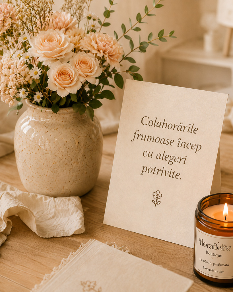 Aranjament floral și cartolină decorativă pentru secțiunea de aplicare Boutique