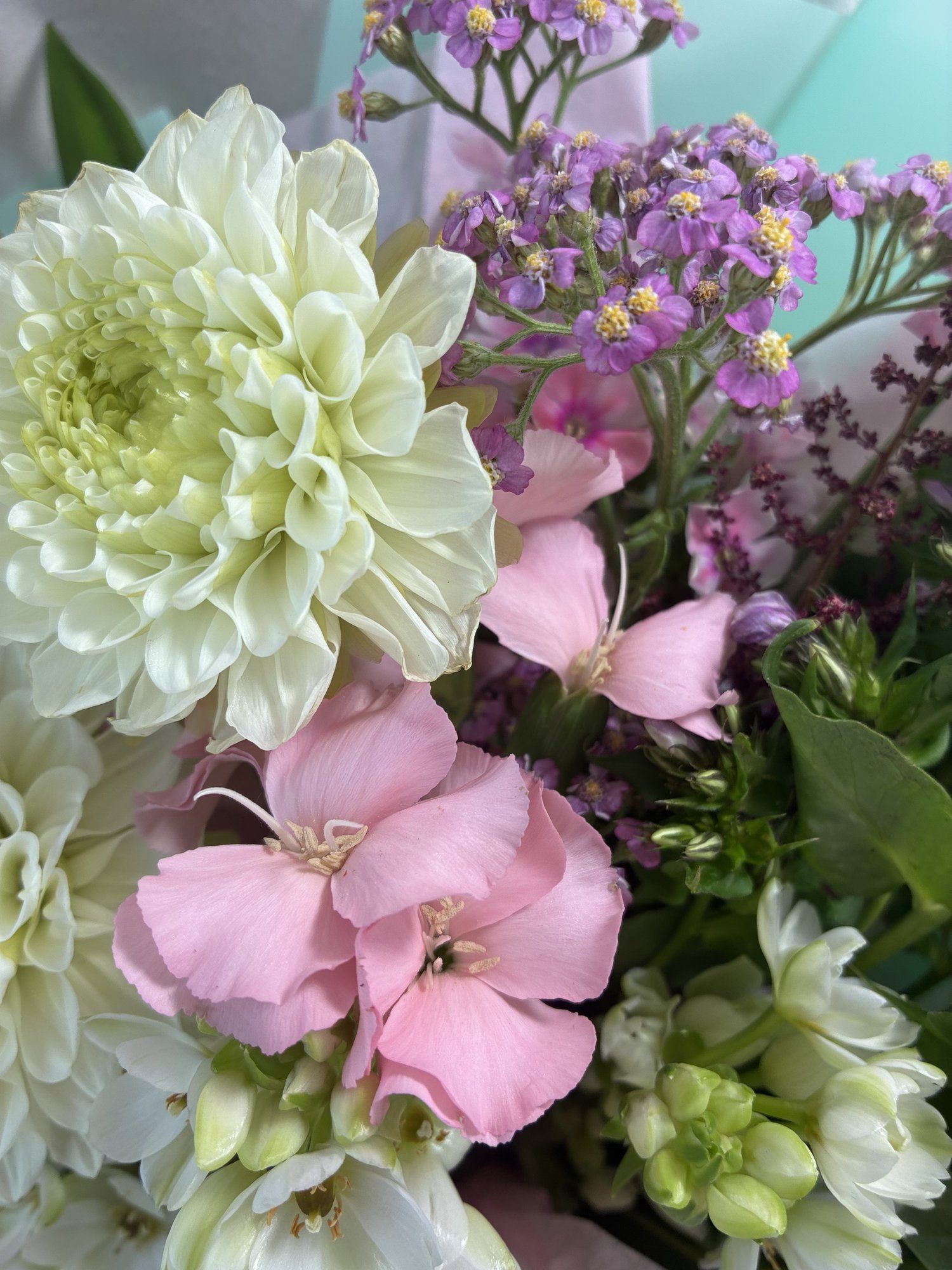 Mint Éclat – Buchet premium cu dalii albe, crin roz și ornithogalum - Imagine 3
