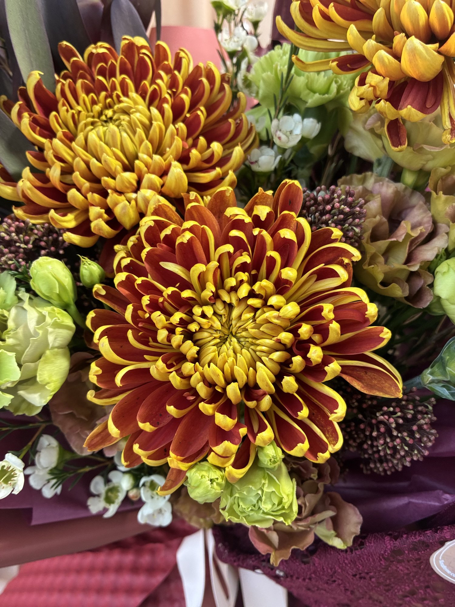 Burgundy Citron – Buchet cu Crizanteme Galbene, Leucadendron, Garoafe Verzi, Eustoma și Waxflower - Imagine 2